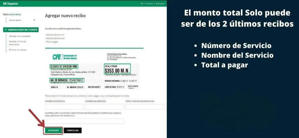 Registrar el Recibo de luz CFE